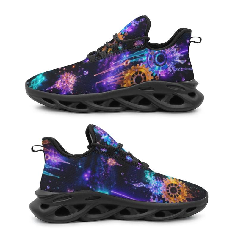 Running Gear Design - レディースメンズランニングシューズスポーツシューズ、鮮やかなネオンギアと星雲デザイン、スポーツやアウトドア活動に最適、耐久性のあるマット素材